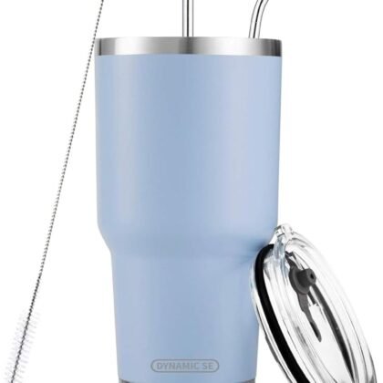 D·S 30oz Blue Tumbler Stainless Steel Double Wall Vacuum Insulated Mug with Straw and Lid, Cleaning Brush for Cold and Hot Beverages