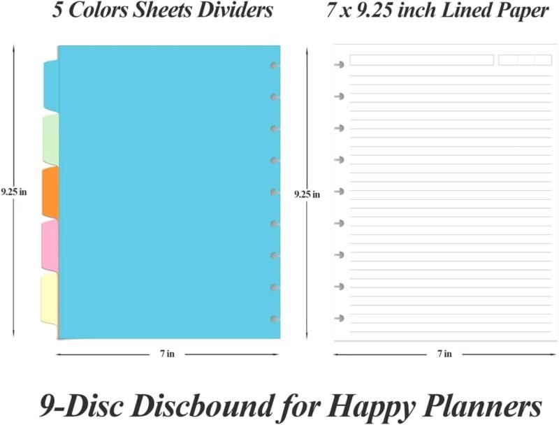 9 Disc Lined Paper Refills for Happy Planners - 100 Sheets/200 Pages Classic Size Lined Paper with 5 Sheets Dividers, 7" x 9.25" - Image 2