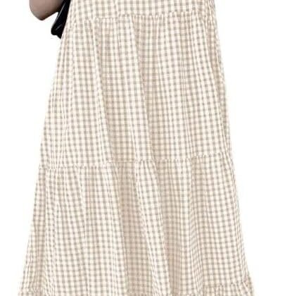 chouyatou Women's Retro Plaid Suspender Maxi Dress Sleeveless Ruffle Tiered Overall Jumper Long Dress