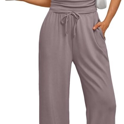 Trendy Queen 2 Piece Matching Summer Sweatsuit Lounge Set Womens Wide Leg Pants Side Ruching Crop Top Sets
