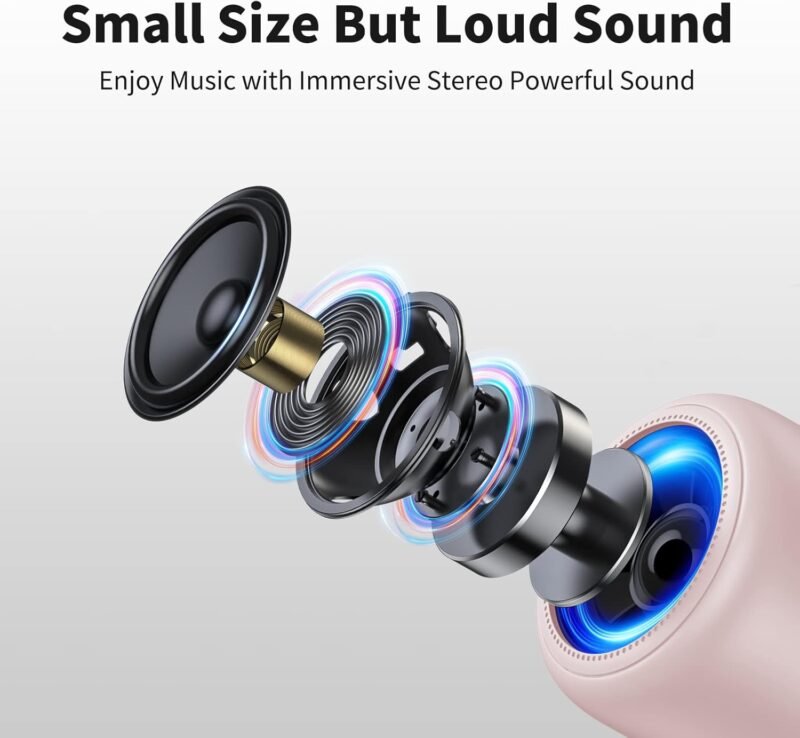Bobtot Portable Bluetooth Speakers with Strap Easy to Carry, Wireless IPX5 Waterproof Mini Speaker with Loud Stereo Sound, 20 Hours Playtime, Rechargeable Battery, Built-in Microphone, Pink - Image 4