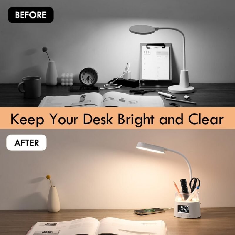 WILIT LED Desk Lamps for Home Office with Pen Holder, Table Lamp for Bedroom with USB Charging Port & Clock, RGB Night Light, Study Lamp for Kids Student, Desk Lamp for College Dorm Room Essentials - Image 6