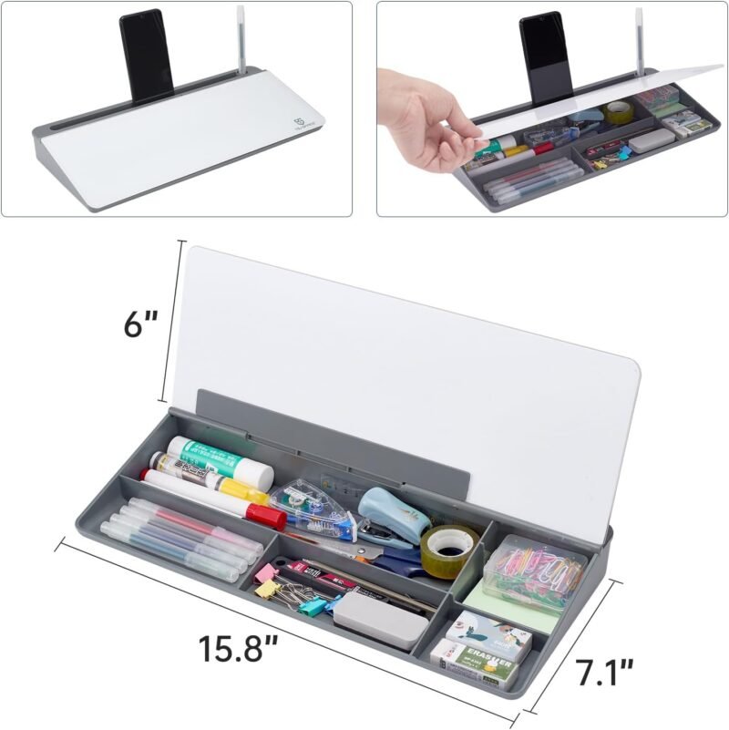 Small Desktop Glass Whiteboard Dry-Erase-Board - Computer Keyboard Stand White Board Surface Pad with Drawer, Desk Organizers with Accessories for Office, Home, School Supplies - Image 4