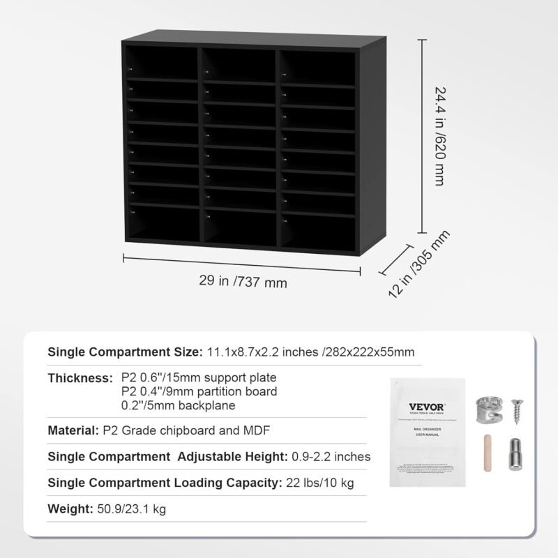 VEVOR Literature Organizers, 24 Compartments Office Mailbox with Adjustable Shelves, Wood Literature Sorter 29x12x24.4 inches for Office, Home, Classroom, Mailrooms Organization, EPA Certified Black - Image 7