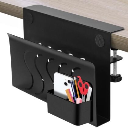 Side Desk Organizer, Clamp-On Side Desk Organization with Magnetic Pen Holder, Double Side Cooling Holes Design No Drill Hanging Heavy Duty Side Desk Laptop Holder for File OfficeLoad Capacity 22 Lbs