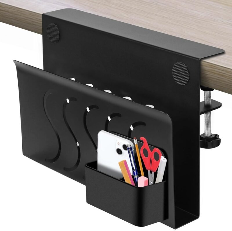 Side Desk Organizer, Clamp-On Side Desk Organization with Magnetic Pen Holder, Double Side Cooling Holes Design No Drill Hanging Heavy Duty Side Desk Laptop Holder for File OfficeLoad Capacity 22 Lbs