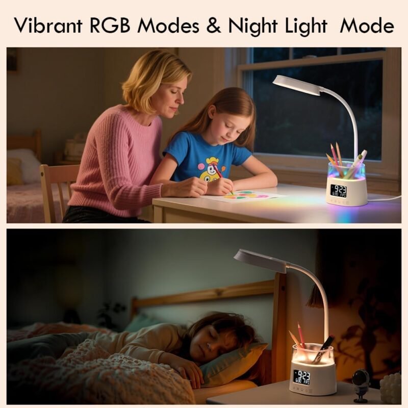 WILIT LED Desk Lamps for Home Office with Pen Holder, Table Lamp for Bedroom with USB Charging Port & Clock, RGB Night Light, Study Lamp for Kids Student, Desk Lamp for College Dorm Room Essentials - Image 9