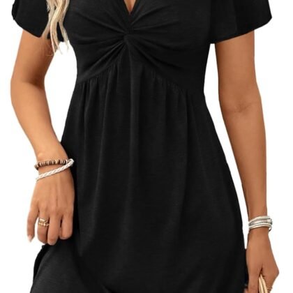 Acelitt Womens Casual Summer Twist Front V Neck Short Sleeve Mini Dress, S-XXL
