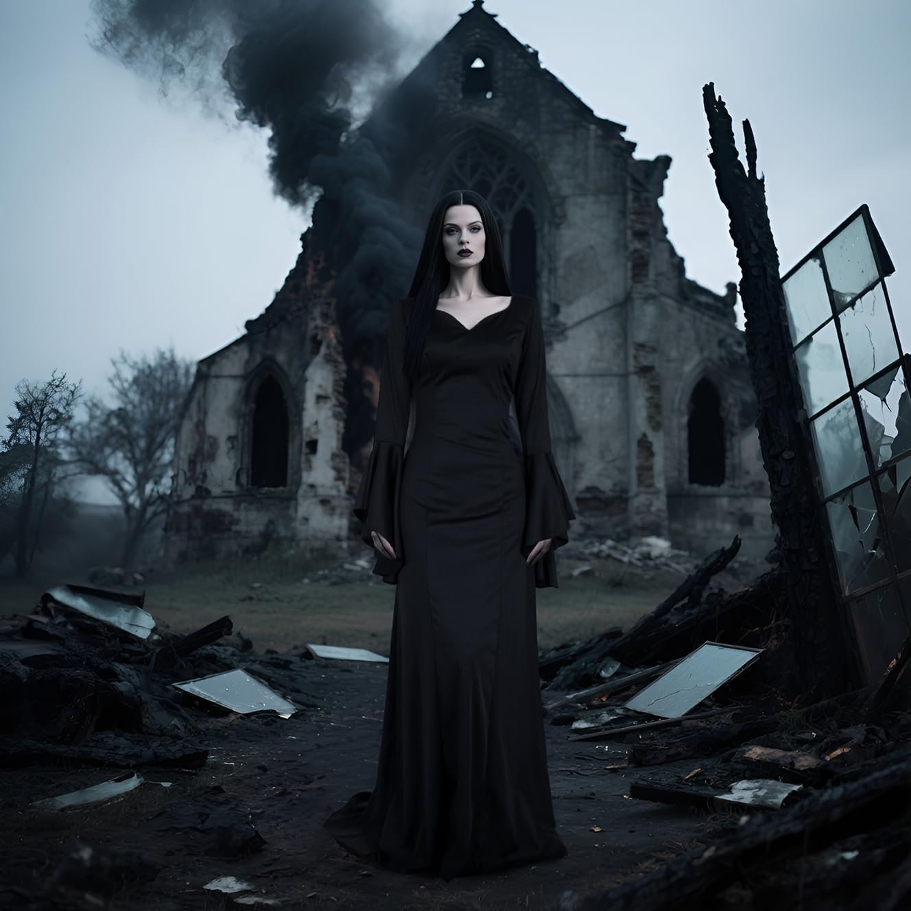 UQJE Women's Morticia Addams Dress Costumes Gothic Maxi Dress Halloween Cosplay Vintage Black Long Dress - Image 3