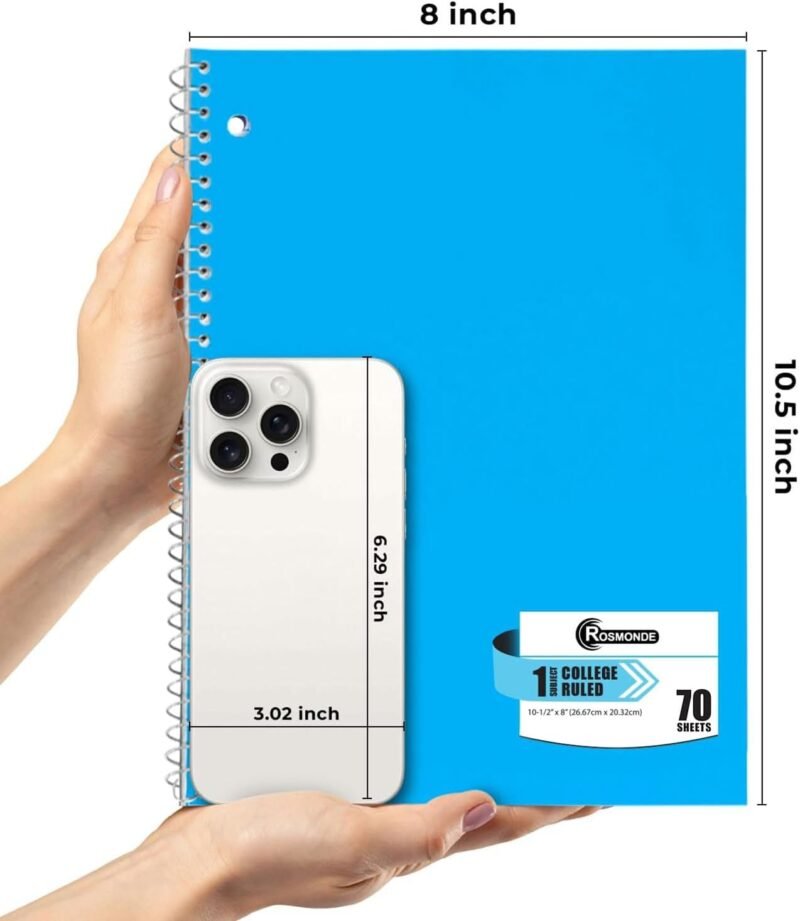 Spiral Notebook, 12 Pack, 1 Subject, College Ruled, 70 Sheets, 8 x 10-1/2", 3 Hole Punched, Bulk College Ruled Spiral Notebook for School, Single Subject Spiral Notebook Bulk, Assorted Colors - Image 3
