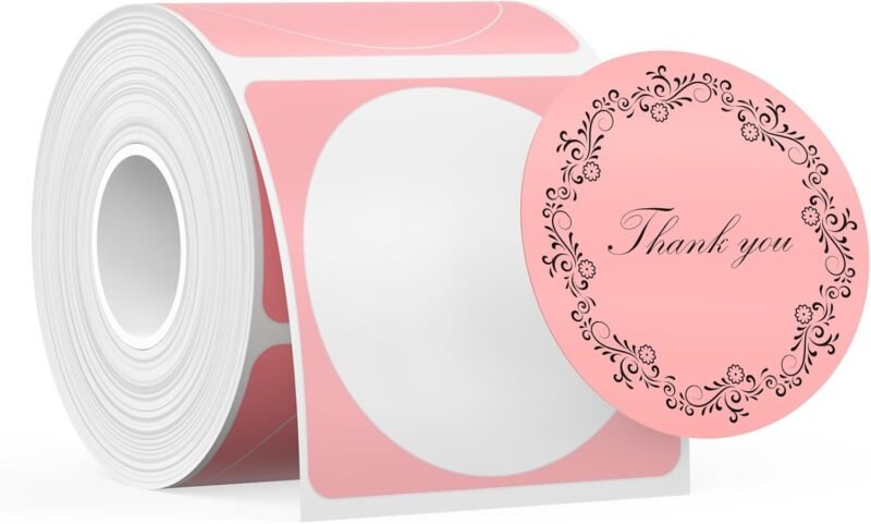 SUPVAN T50M Series Label Maker Tape, Round Size Φ 2'' 140 Labels/Roll Genuine Laminated Thermal Label Tape Refill, Waterproof Oilproof Highly Adhesive Auto Detect Labels, Black on Pink