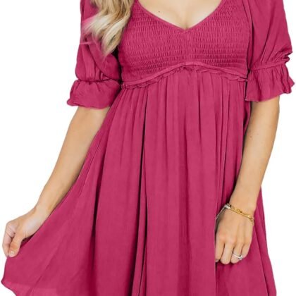 Dokotoo Womens Summer Dresses 2025 Short Sleeve Square Neck Smocked Elastic Waist Ruffle Tiered Casual Swing Mini Dress