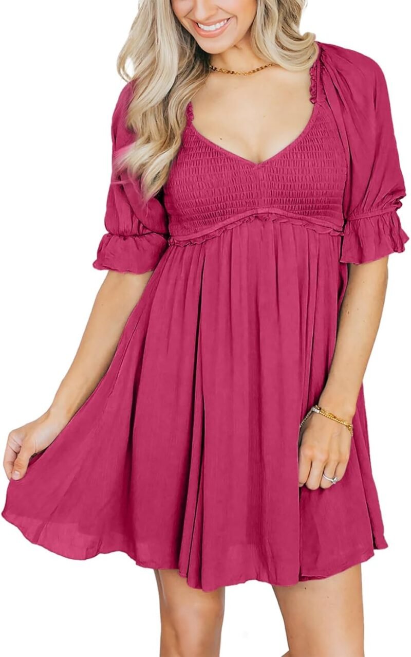 Dokotoo Womens Summer Dresses 2025 Short Sleeve Square Neck Smocked Elastic Waist Ruffle Tiered Casual Swing Mini Dress