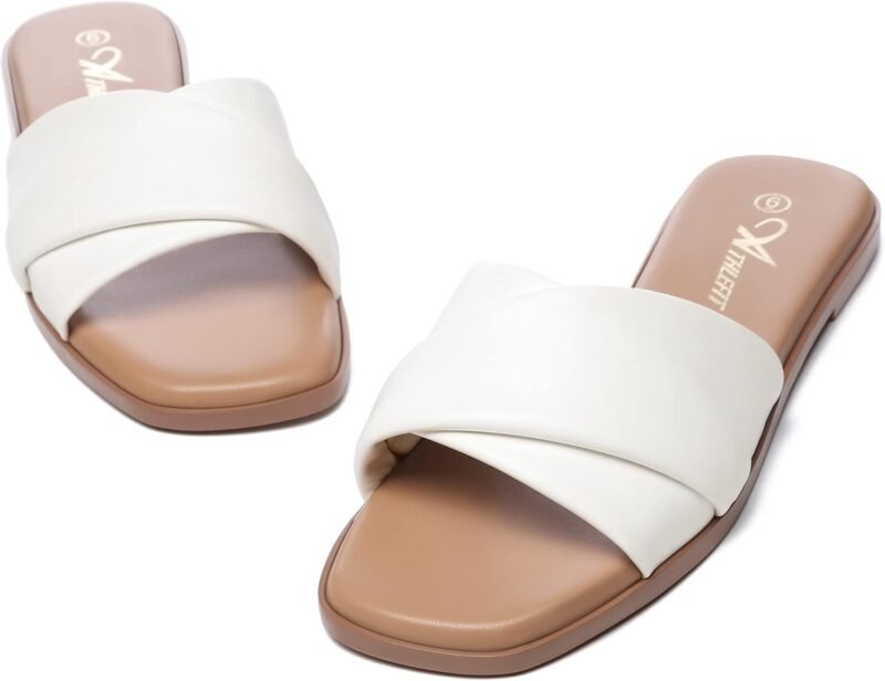 Athlefit Women's Summer Flat Sandals Slip On Square Toe Soft Leather Slide Sandals - Image 4