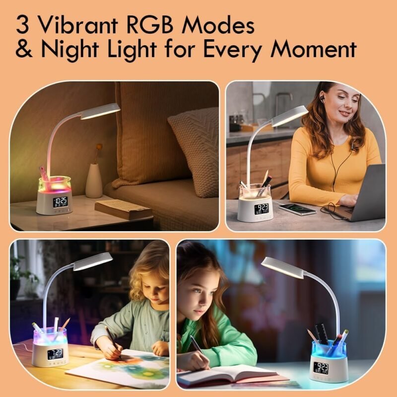 WILIT LED Desk Lamps for Home Office with Pen Holder, Table Lamp for Bedroom with USB Charging Port & Clock, RGB Night Light, Study Lamp for Kids Student, Desk Lamp for College Dorm Room Essentials - Image 4