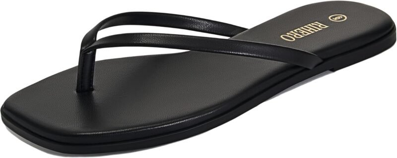 Rihero Flip Flops for Women Comfortable Square Toe Beach Sandals Slip On Leather Thong Flat Sandals Dressy