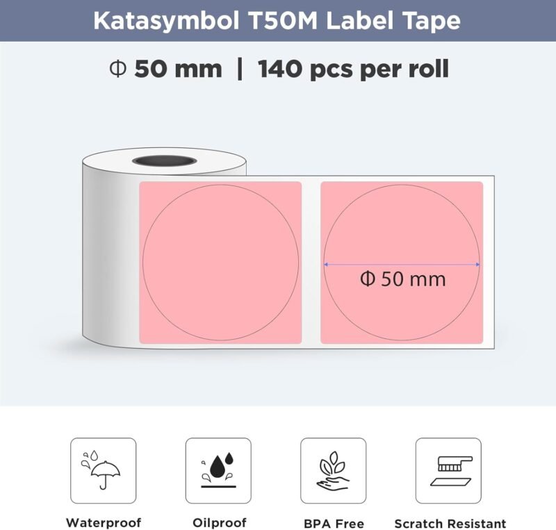 SUPVAN T50M Series Label Maker Tape, Round Size Φ 2'' 140 Labels/Roll Genuine Laminated Thermal Label Tape Refill, Waterproof Oilproof Highly Adhesive Auto Detect Labels, Black on Pink - Image 2
