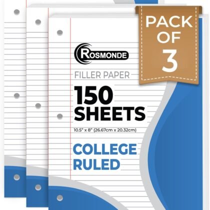 Loose Leaf Paper, 450 Sheets, 3 Pack, College Ruled Paper, 8" x 10.5", Bulk Office Filler Paper, 3 Hole Punched, 150 Sheets/Pack, 56 gsm Paper, College Ruled Notebook Paper for Binder, White