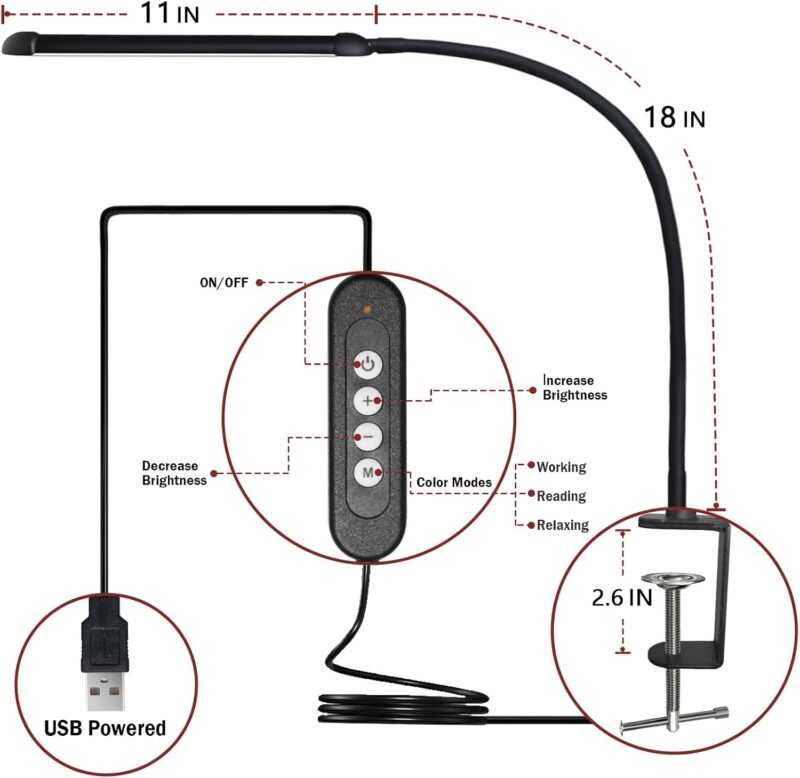 LED Desk Lamp with Clamp, Clamp Light with 30 Adjustable Color Modes, Clip on Light with Long Flexible Gooseneck, Eye Care Lamp Clamp for Study, Work, Home, Office, Black, 12W - Image 5