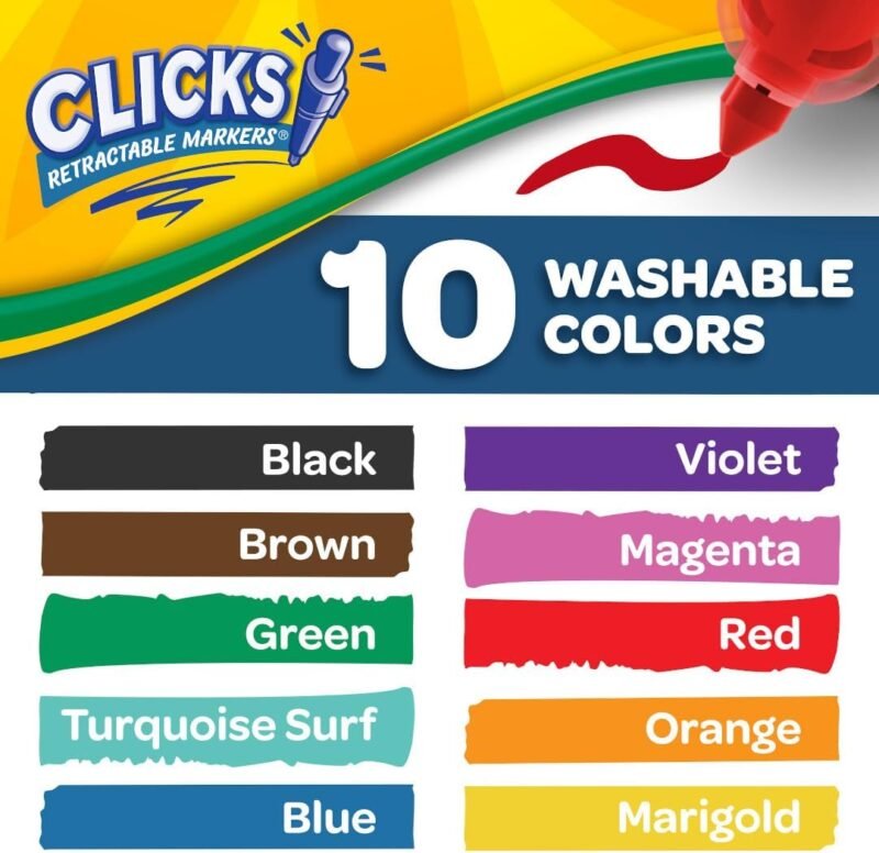 Crayola Clicks Retractable Tip Marker Set for Kids (10ct), Markers For School, Long Lasting Coloring Book Supplies, No Dry, Back to School Essentials, 6+ - Image 3