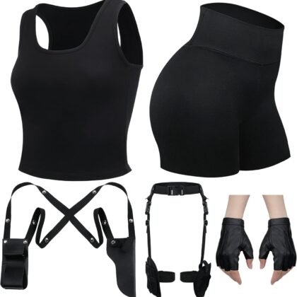 Jiuguva 5 Pcs Halloween Thigh Holsters Costume Includes Black Racerback Sleeveless Crop Tank Tops Running Shirt Spandex Shorts for Women Half Finger Driving Gloves Drop Leg Gun Holster Drop Leg Pouch