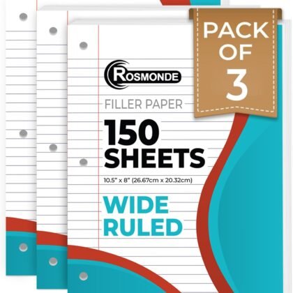 Loose Leaf Paper, 450 Sheets, 3 Pack, 56 gsm Wide Ruled Sheets, 8" x 10.5", Bulk Notebook Paper, 3 Hole Punched, 150 Sheets/Pack, Wide Ruled Paper for Binders, Loose Leaf Office Paper, White