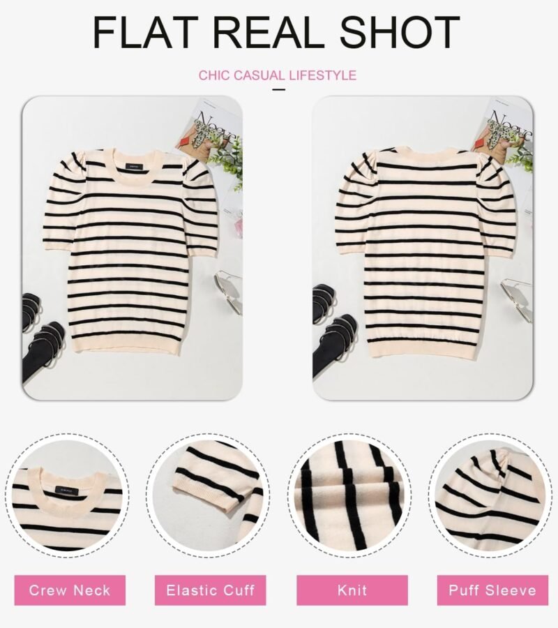 Dokotoo Women's Short Puff Sleeve Knit Tops 2025 Trendy Crewneck Striped T Shirts Casual Summer Blouses - Image 3