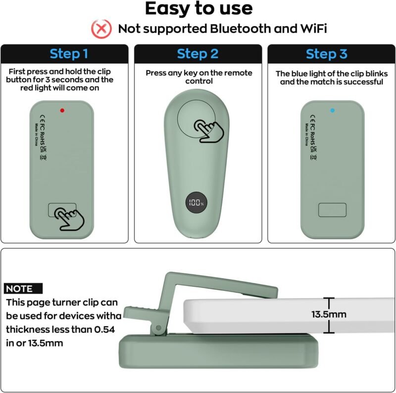 RF Remote Control Page Turner for Kindle Paperwhite Scribe Accessories, Page Turner Clicker for iPad Tablets Reading Novels Taking, Phone Camera Video Record Triggers Remote, Agave Green - Image 5