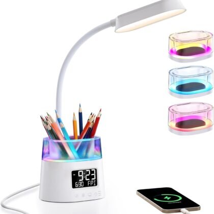 WILIT LED Desk Lamps for Home Office with Pen Holder, Table Lamp for Bedroom with USB Charging Port & Clock, RGB Night Light, Study Lamp for Kids Student, Desk Lamp for College Dorm Room Essentials
