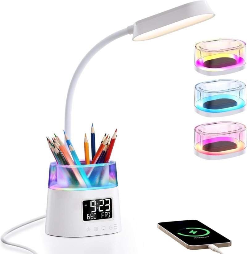 WILIT LED Desk Lamps for Home Office with Pen Holder, Table Lamp for Bedroom with USB Charging Port & Clock, RGB Night Light, Study Lamp for Kids Student, Desk Lamp for College Dorm Room Essentials