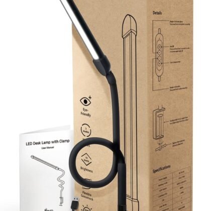 LED Desk Lamp with Clamp, Clamp Light with 30 Adjustable Color Modes, Clip on Light with Long Flexible Gooseneck, Eye Care Lamp Clamp for Study, Work, Home, Office, Black, 12W
