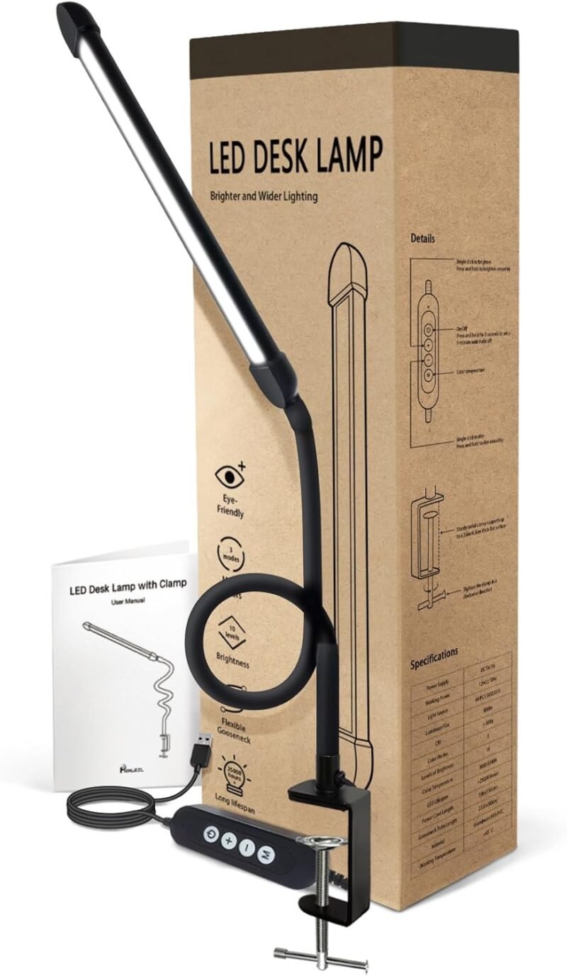 LED Desk Lamp with Clamp, Clamp Light with 30 Adjustable Color Modes, Clip on Light with Long Flexible Gooseneck, Eye Care Lamp Clamp for Study, Work, Home, Office, Black, 12W