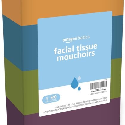 Amazon Basics Facial Tissue, 2-Ply, 160 Tissues per Box, 4 Boxes (640 total) (Previously Solimo)