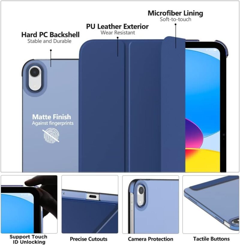 MoKo Case for iPad (A16) 11th Generation 11 Inch 2025, iPad 10th Generation 10.9 inch 2022, Slim Stand Protective Cover with Hard PC Translucent Back Shell Cover, Support Touch ID, Navy Blue - Image 3