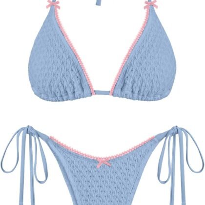 ZAFUL Bikini Sets for Women Halter Two Piece Swimsuit Eyelet Triangle Tie Side Thong Bathing Suit Bowknot Lace Trim Swimwear