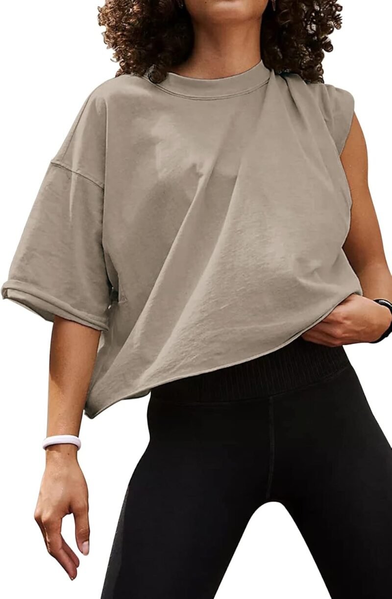 Women's Oversize Workout Crop Tops Casual Short Sleeve Drop Shoulder Boxy T-Shirts Roll Hem Basic Loose Yoga Running Tees