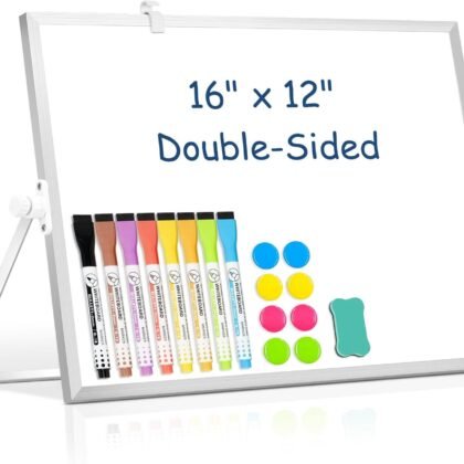 DOLLAR BOSS Small White Board with Stand Double-Sided 16" x 12" Magnetic Desktop Dry Erase Board Portable Whiteboard Easel for Desk Home Office School 8 Markers 8 Magnets 1 Eraser, Silver