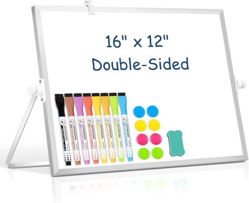 DOLLAR BOSS Small White Board with Stand Double-Sided 16" x 12" Magnetic Desktop Dry Erase Board Portable Whiteboard Easel for Desk Home Office School 8 Markers 8 Magnets 1 Eraser, Silver
