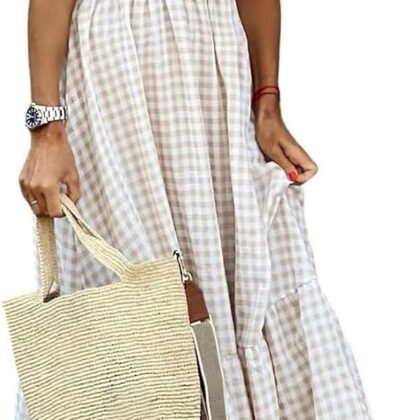 Women's Sleeveless Strap Retro Plaid A-Line Smocked Maxi Long Dress with Ruffled Hem