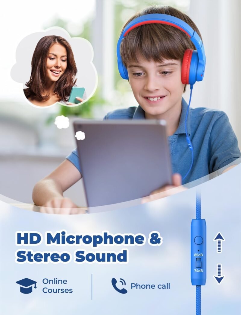 iClever Kids Headphones for School Travel, Safe Volume Limited, HD Mic Stereo Sound Over-Ear Girls Boys Headphones for Kid, FunShare Foldable 3.5mm Wired for iPad Computer, HS19 - Image 4