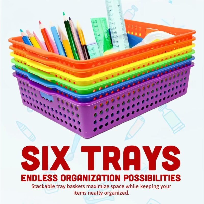 4E's Novelty 6 Pcs Colorful Plastic Classroom Storage Bins 13.75" X 10.25" for Organizing A4 Papers Trays, Turn In Containers Kids School Teachers Classroom Organization & Storage Supplies - Image 2