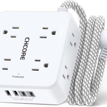 Surge Protector Power Strip - CHCORE 5Ft Braided Extension Cord with 8 Outlets with 4 USB (2 USB C) Charging Ports, Flat Plug Multi Plug Outlet Extender Charging Station for Home Office, ETL, White
