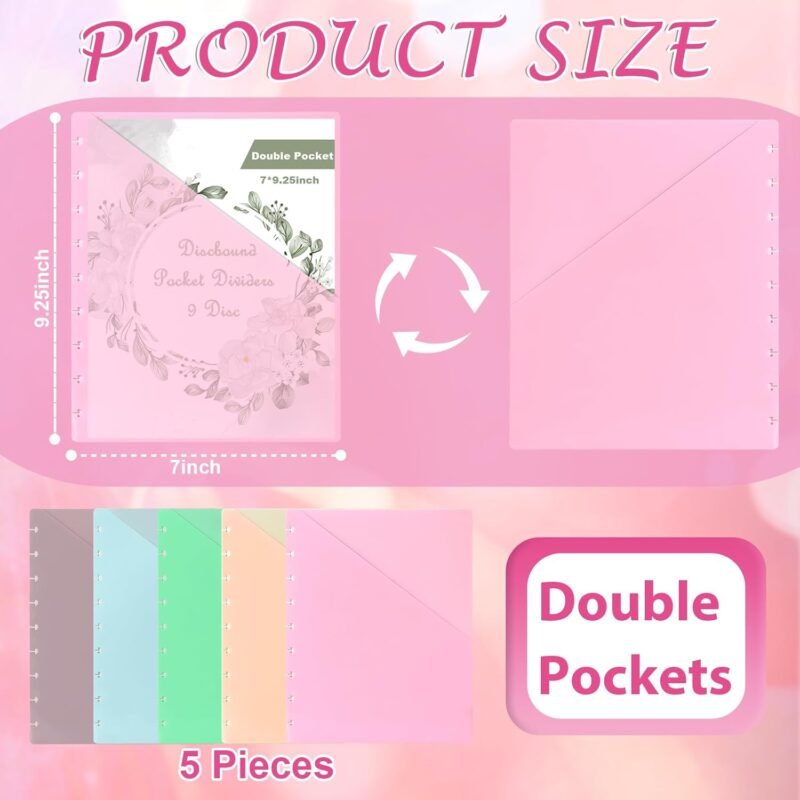 5 Pcs 7x9.25 Inch Discbound Pocket Dividers 2 Pocket Paper Discbound Notebook Dividers with Pockets 9 Disc Planner Pocket Inserts Disc Planner Cover Discbound Notebook Accessories for Office - Image 2