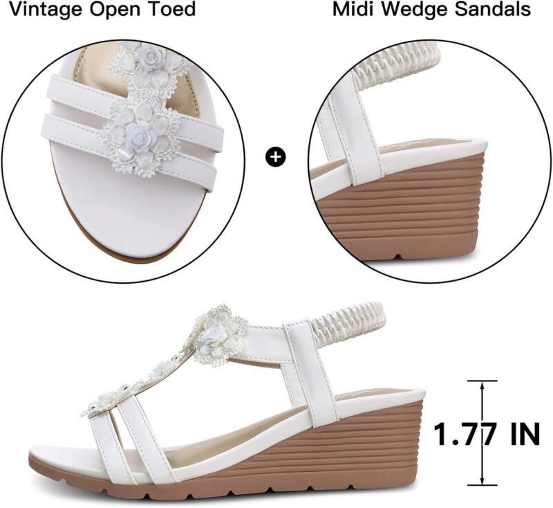 SHIBEVER Womens Sandals Wedge Flower: Open Toe Elastic Ankle Strap Wedge Sandal - Dressy Sandals Women - Comfortable Summer Bohemia - Image 4