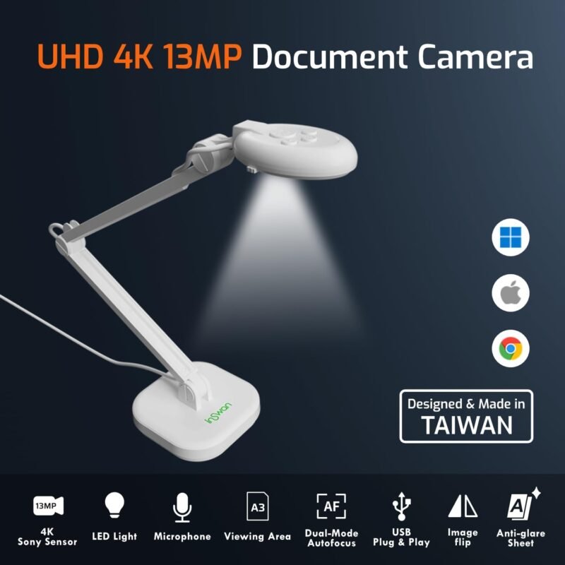 INS-2 4K USB 13MP Document Camera with Auto Focus, LED Light, Mic, A3-Size Capture, Compatible with MacOS, iPadOS, Windows, Chromebook for Remote Teaching, Web Conferencing - Image 2