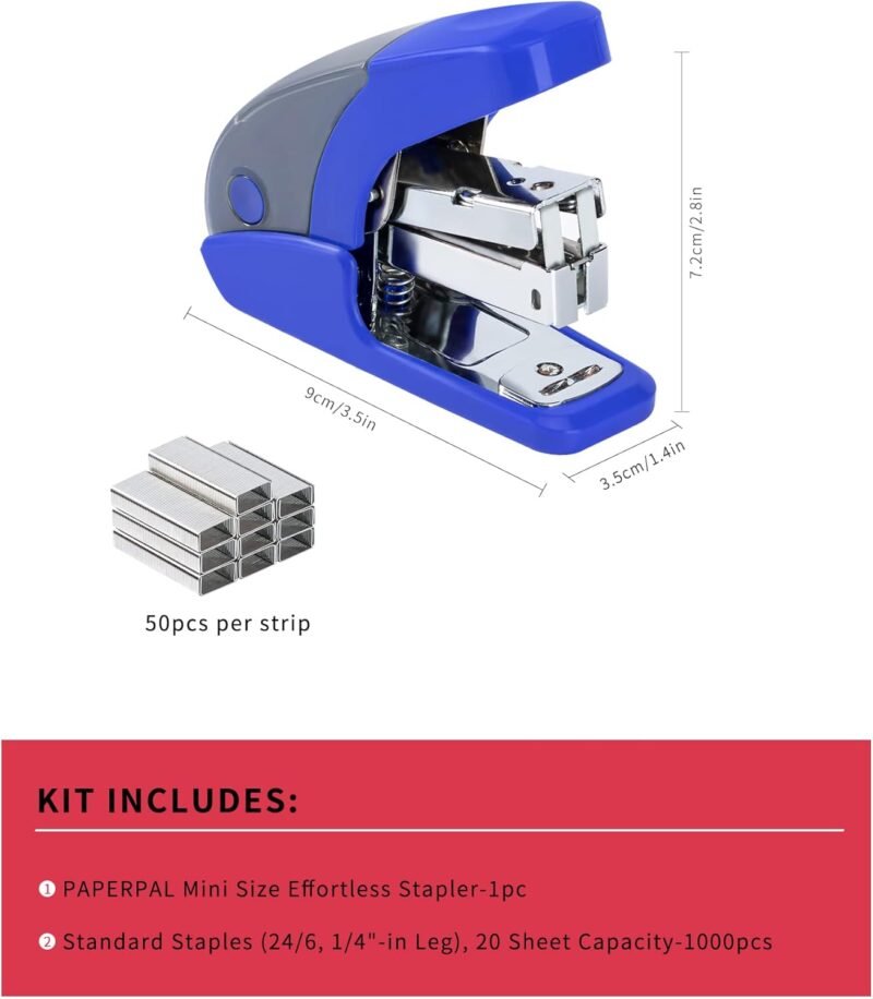 PAPERPAL Effortless Mini Stapler Set, 20 Sheet Capacity, Integrated Remover & Staple Storage, Holds 1/4" Staples, Includes 1000 Staples, Lightweight, Office, School & Daily Use, Dark Blue - Image 2
