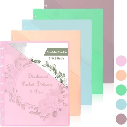 5 Pcs 7x9.25 Inch Discbound Pocket Dividers 2 Pocket Paper Discbound Notebook Dividers with Pockets 9 Disc Planner Pocket Inserts Disc Planner Cover Discbound Notebook Accessories for Office