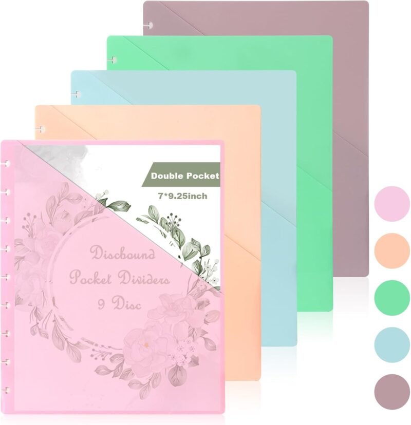 5 Pcs 7x9.25 Inch Discbound Pocket Dividers 2 Pocket Paper Discbound Notebook Dividers with Pockets 9 Disc Planner Pocket Inserts Disc Planner Cover Discbound Notebook Accessories for Office