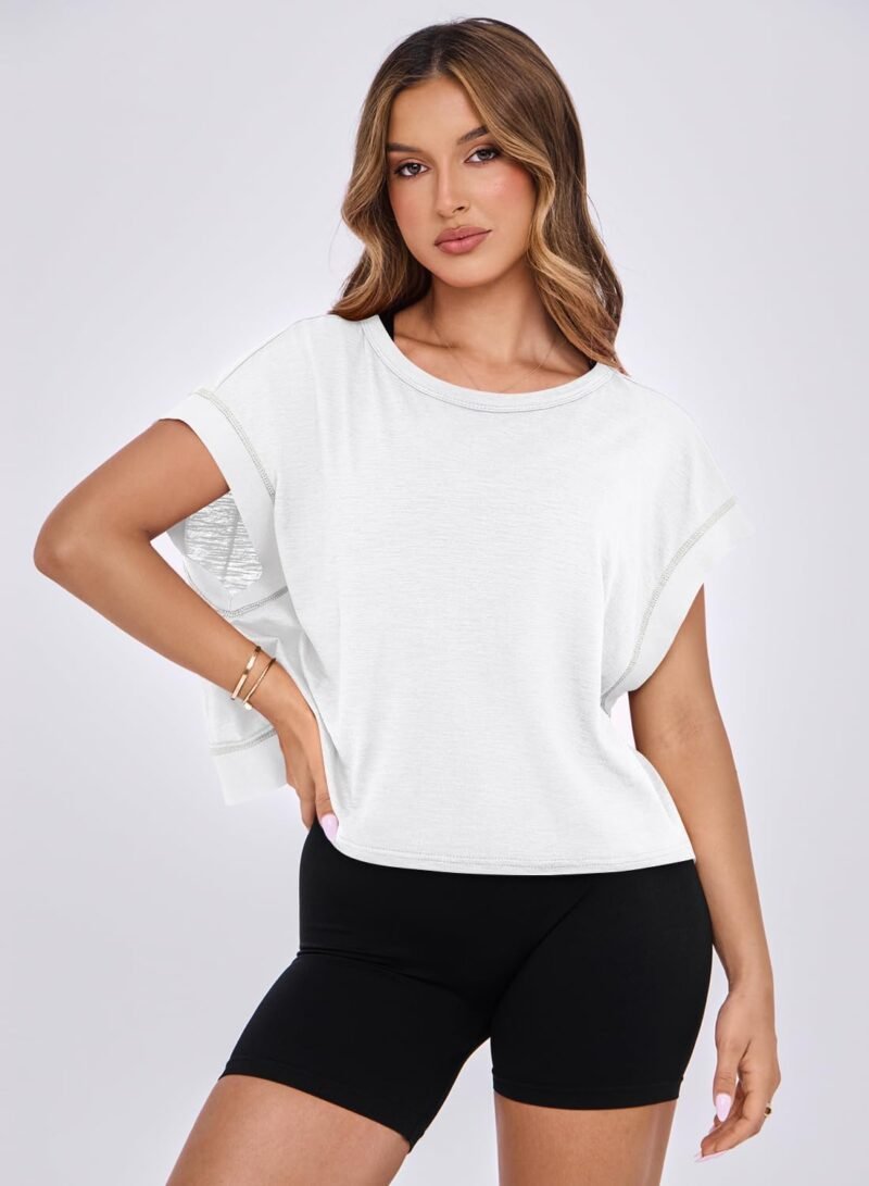 MIHOLL Womens Oversized Workout Crop Tops Open Back Casual Short Sleeve Crew Neck Cotton Loose Boxy Tshirts - Image 2