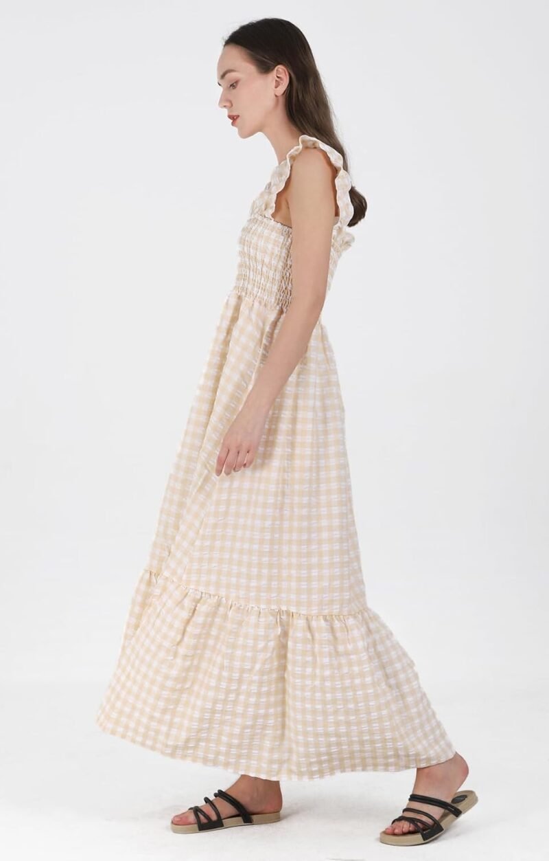 Women's Sleeveless Strap Retro Plaid A-Line Smocked Maxi Long Dress with Ruffled Hem - Image 3